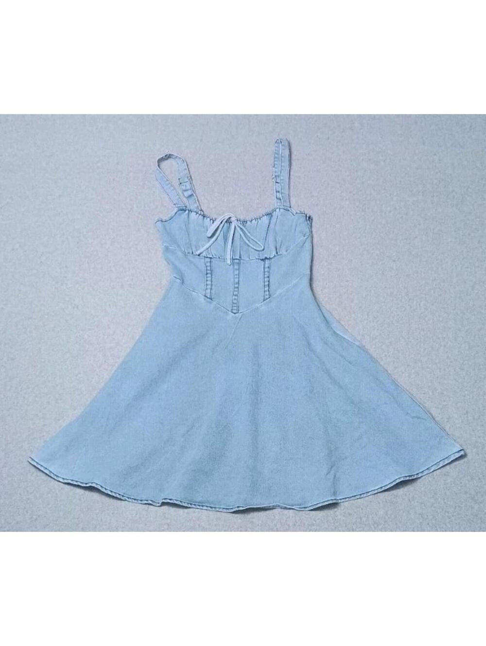 Mika And Gala Lilywhyt Milkmaid Drop Waist Sweetheart Neckline Denim Mini Dress